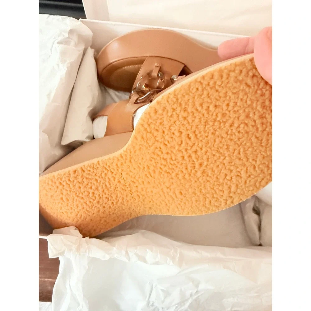 See By Chloe Mahe Platform Wedge Sandals Women 41 Tan NEW Leather Chain SB38095A